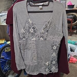 Christopher & Banks Gray Lace Detail Blouse